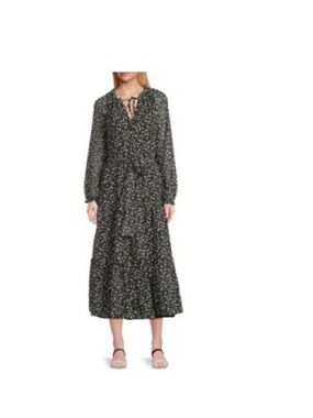 Saks Fifth Avenue Black Floral Tie-Front Midi Dress